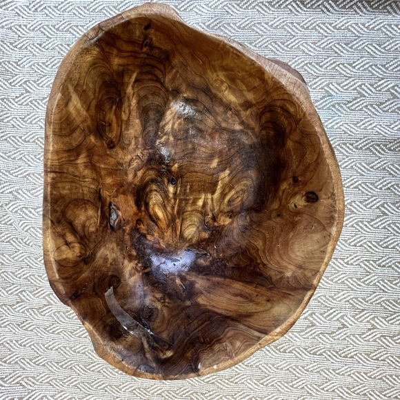 Burl Wood Hand Carved Bowl Rustic Natural Art Stamped CON2 Brown Approx 10" x 7" - Picture 7 of 13